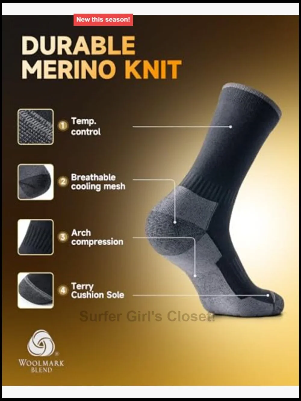 Merino Wool Hiking Socks 3-Pack Seamless Toe Terry Cushioned Men Women